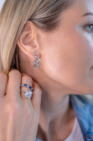 E805-RH ZIMI Leaf Design CZ Silver Hoops