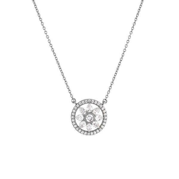 P193-RH - Rhodium flower cz pendant on fine chain