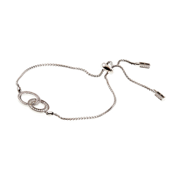 B20590- Rhodium plate cz round & Baquette, Circles Silver Adjustable Bracelet