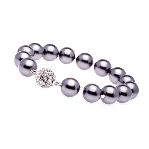 B212 - 12mm grey pearl bracelet with silver cubic zirconia ball clasp -