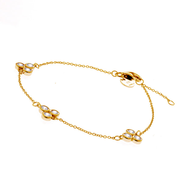 B517-YG - Yellow gold tri clear cubic zirconia fine chain bracelet-