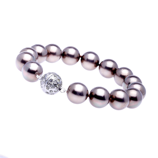 B712 - 12mm coffee pearl bracelet with silver cubic zirconia ball clasp -