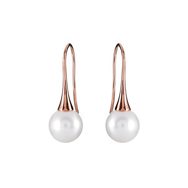 E1148-RG - Round pearl earrings on rose gold plate cone hooks
