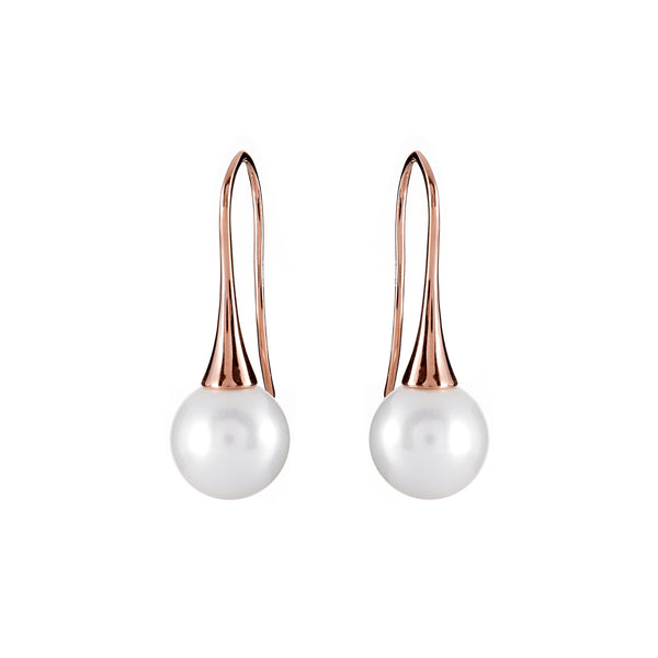 E1148-RG - Round pearl earrings on rose gold plate cone hooks