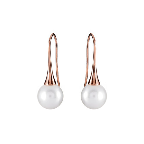 E1148-RG - Round pearl earrings on rose gold plate cone hooks