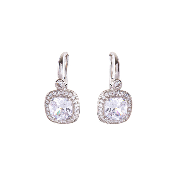 E133-RH - Rhodium Square Cubic Zirconia Hook Earrings-