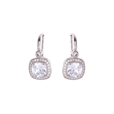 E133-RH - Rhodium Square Cubic Zirconia Hook Earrings-