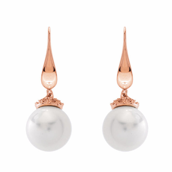 E150-701RG - White pearl & clear cubic zirconia earrings on rose gold hook -
