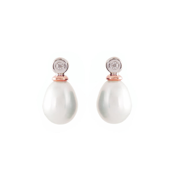 E160-RG - Two Tone Rose Gold CZ & Freshwater Pearl Earrings