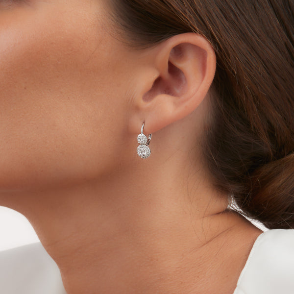 E16383- Rhodium plate, double cubic zirconia, round lever back earrings