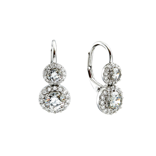 E16383- Rhodium plate, double cubic zirconia, round lever back earrings