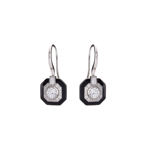 E16544 - Mason Rhodium Black & Clear CZ Square Art Deco Earrings on Hook