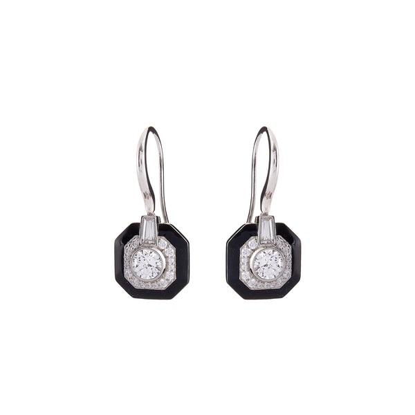 E16544 - Rhodium Black & Clear CZ Square Art Deco Earrings on Hook