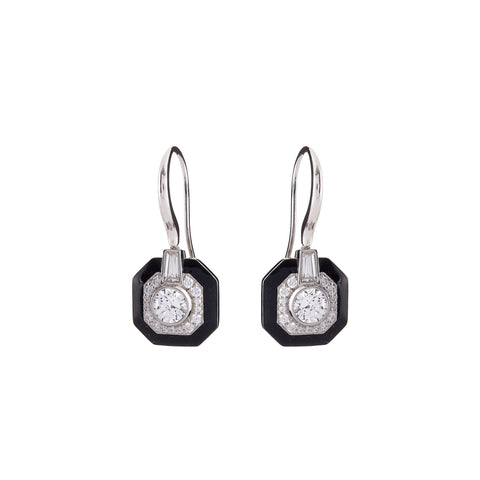 E16544 - Rhodium Black & Clear CZ Square Art Deco Earrings on Hook