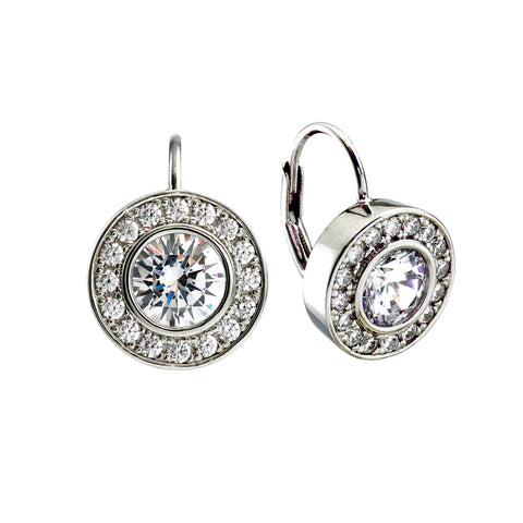 E17750-Rhodium plate, cubic zirconia, round lever back earrings