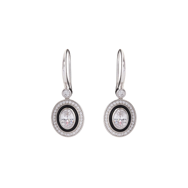 E1800 - Rhodium Black & White Oval CZ Earrings