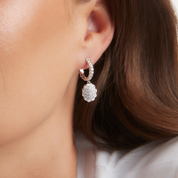 E181-RH-  Rhodium plate, oval cz drop on plaited hoop earrings