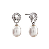 E188- Rhodium plate , freshwater pearl , CZ drop stud earrings