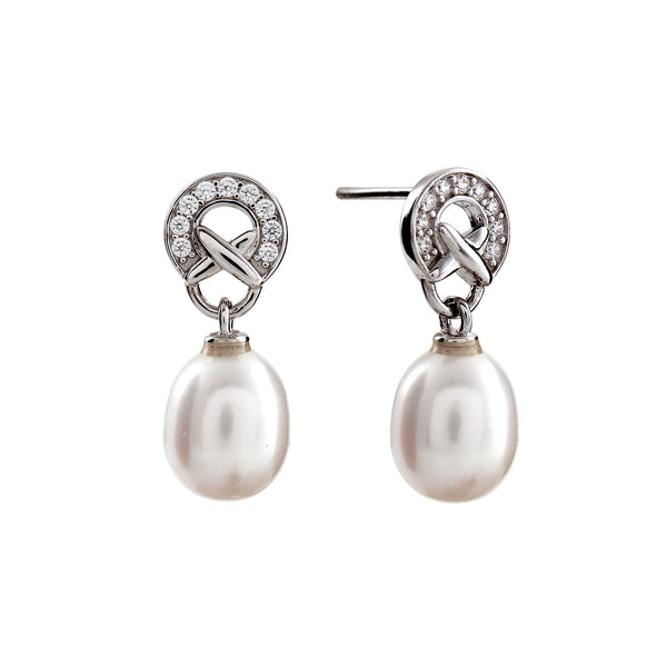 E188- Rhodium plate , freshwater pearl , CZ drop stud earrings