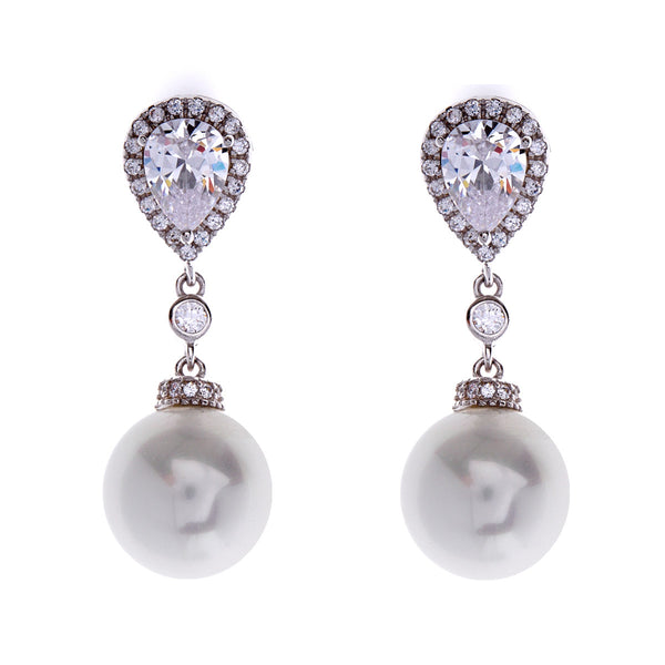 E2021 - Silver, cubic zirconia & pearl tear drop earrings