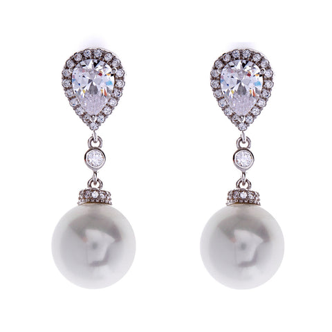 E2021 - Silver, cubic zirconia & pearl tear drop earrings