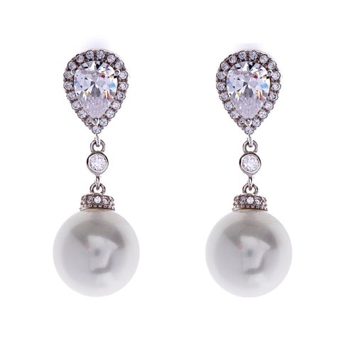 E2021 - Silver, cubic zirconia & pearl tear drop earrings