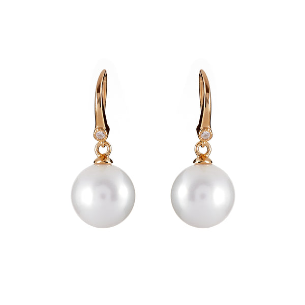E207-GP - 12mm white pearl, cubic zirconia earrings on gold plate hook