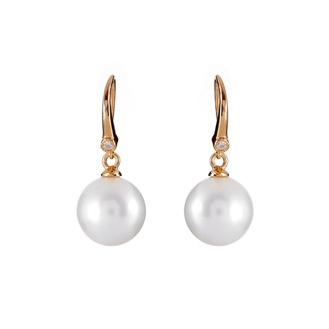 E207-GP - 12mm white pearl, cubic zirconia earrings on gold plate hook