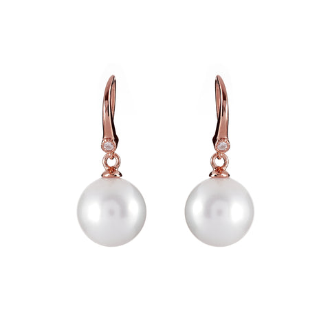 E207-RG - 12mm white pearl, cubic zirconia earrings on rose gold plate hook