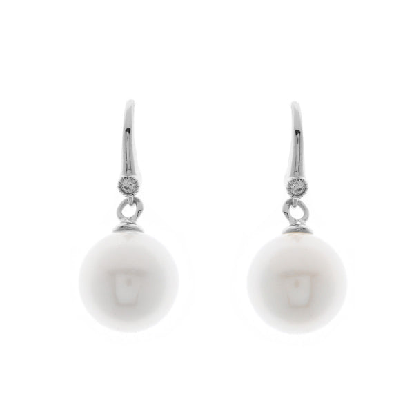 E207-RH - 12mm white pearl, cubic zirconia earrings on silver hook -