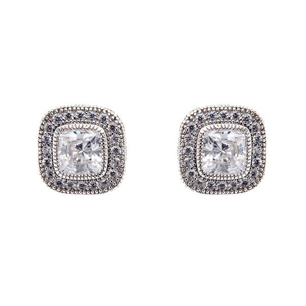 E20729 - 925 sterling silver, rhodium plate micro pave square cubic zirconia stud earrings
