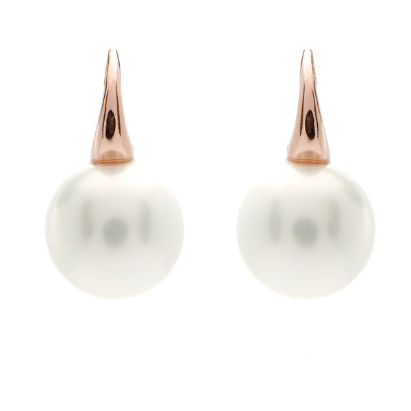 E24-701RG - 12mm round white pearl on rose gold plated Sybella hook earrings