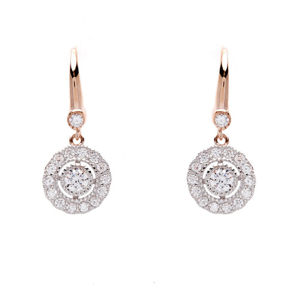 E245-RG - 925 sterling silver, rhodium plate cubic zirconia flower earrings on rose gold hook