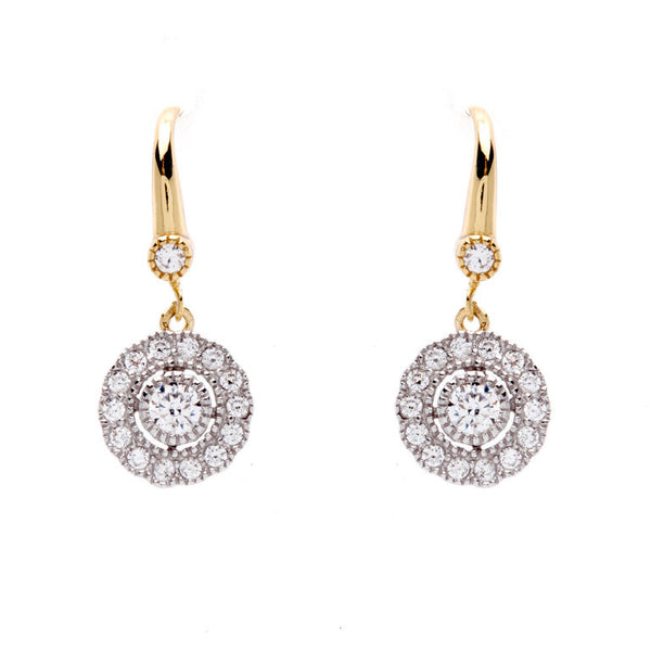 E245-YG - 925 sterling silver, rhodium plate cubic zirconia flower earrings on yellow gold french hook