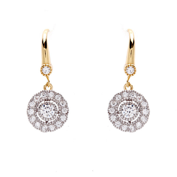 E245-YG - 925 sterling silver, rhodium plate cubic zirconia flower earrings on yellow gold french hook
