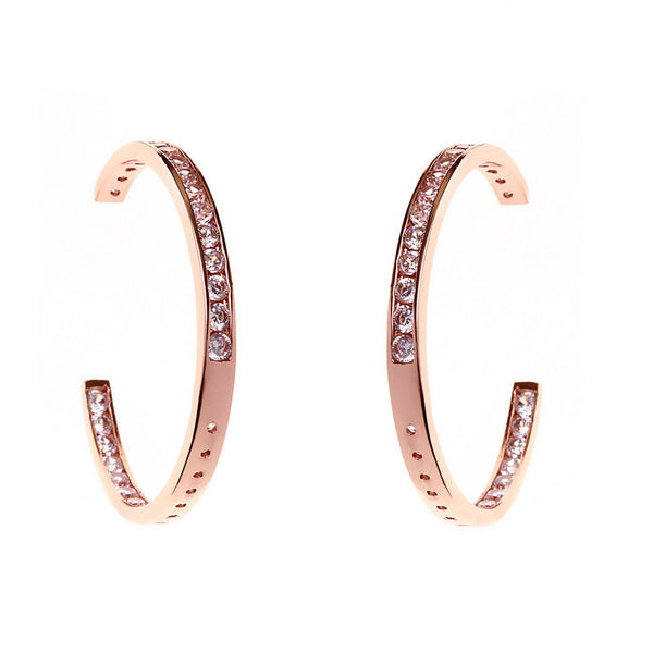 E34-40RG - 40mm rose gold cubic zirconia hoop earrings