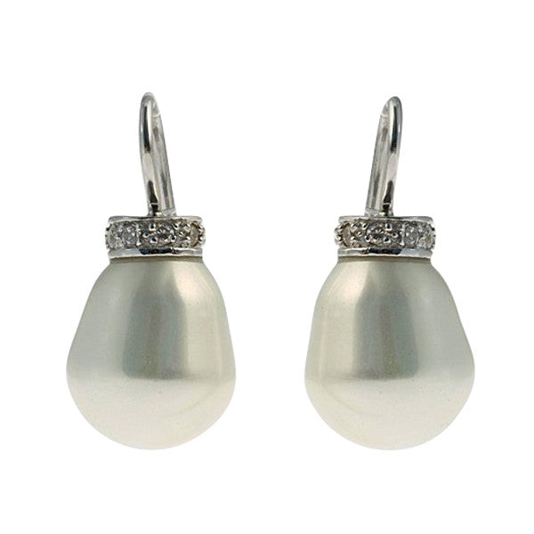 cz & white baroque pearl earrings on rhodium french hook - E34-701RH