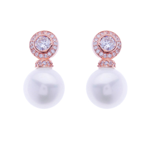 E6263-RG - Rose gold plate cubic zirconia stud with round pearl drop earrings