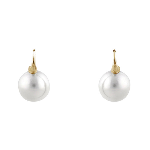 E69-701GP - 14mm round white pearl earrings on gold plate Sybella hook