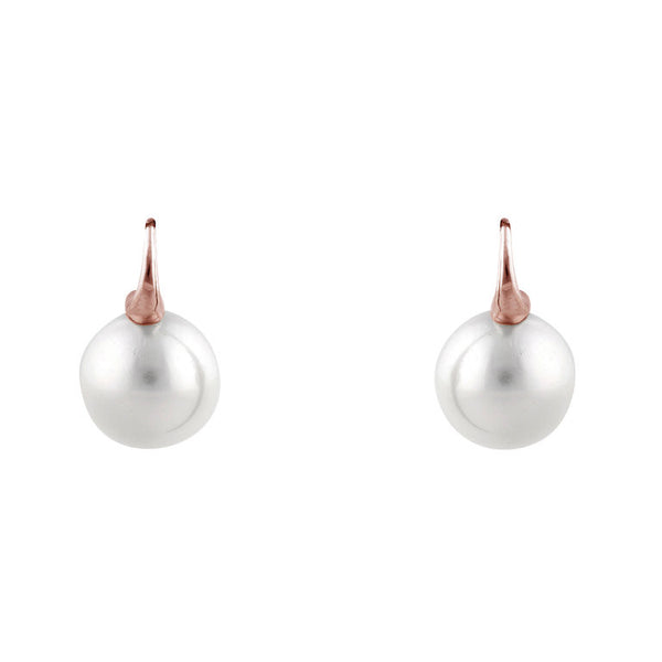 E69-701RG -14mm round white pearl earrings on rose gold plate Sybella hook