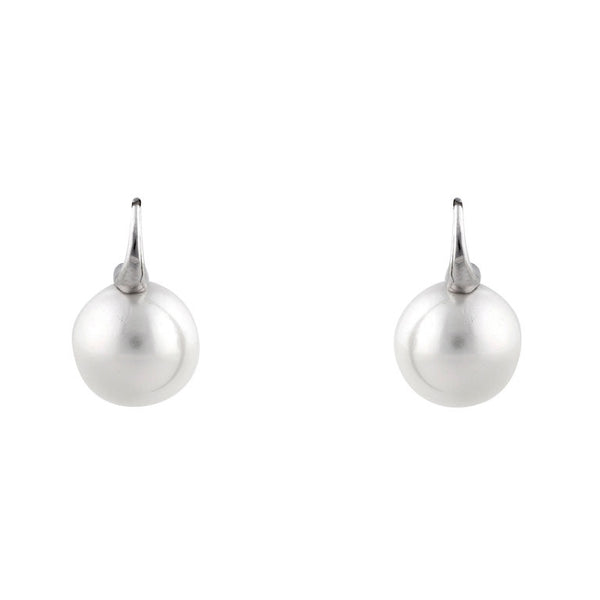 E69-701RH -14mm round white pearl earrings on rhodium plate Sybella hook -