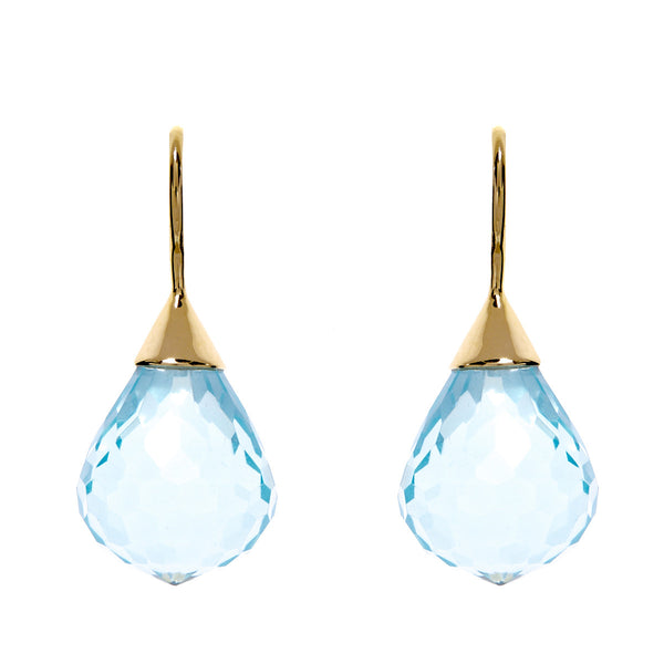 E71-BGP - Facetted tear drop blue topaz earring on yellow gold hook