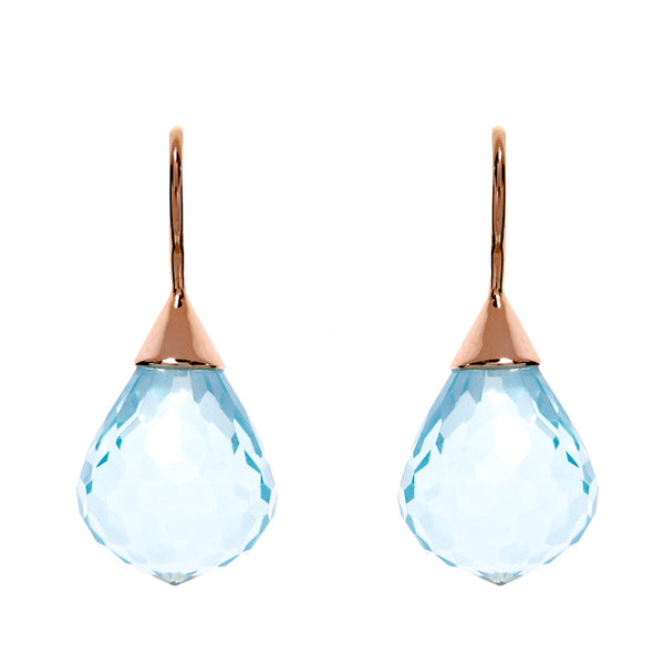 E71-BRG - Facetted tear drop blue topaz earring on rose gold hook