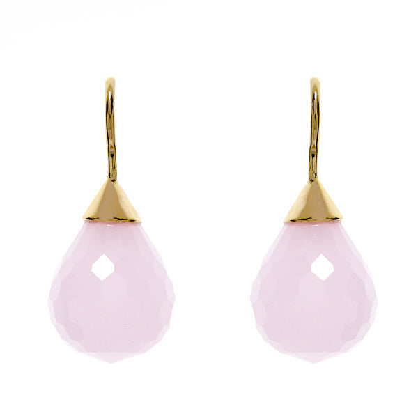 E71-RGP - Facetted tear drop rose quartz earring on yellow gold hook