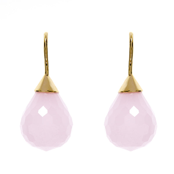 E71-RGP - Facetted tear drop rose quartz earring on yellow gold hook
