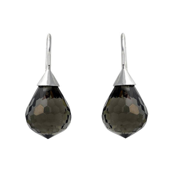 E71-SRH - Faceted tear drop smoky quartz earrings on rhodium french hook