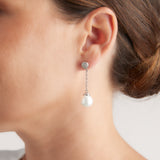 E7415 - Rhodium plate mother of pearl & cz stud chain drop earrings