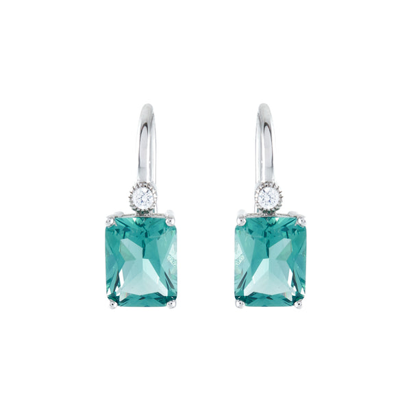 E7666-G - Rhodium rectangle green earrings