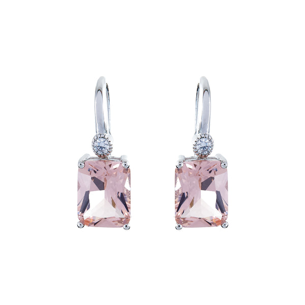 E7666-M - Rhodium rectangle pink earrings