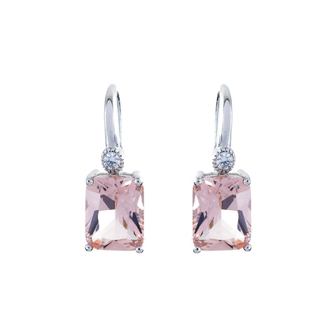E7666-M - Rhodium rectangle pink earrings